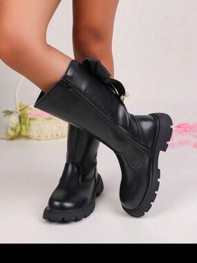 Kids Black Knee-High Combat Boots with Bow Detail